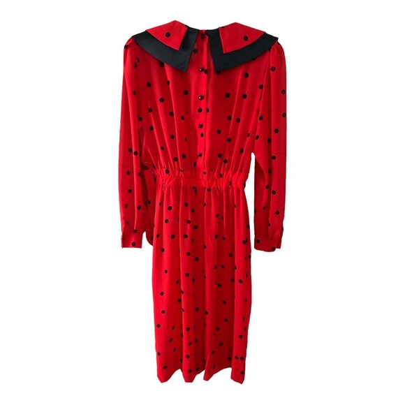 Vintage Albert Nipon Red Polka Dot Dress with Black Satin Collar & Bow – Made in - Picture 5 of 7